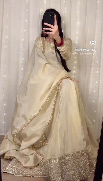 OFF-WHITE CHINON SILK ANARKALI GOWN (FULLY STTITCHED)