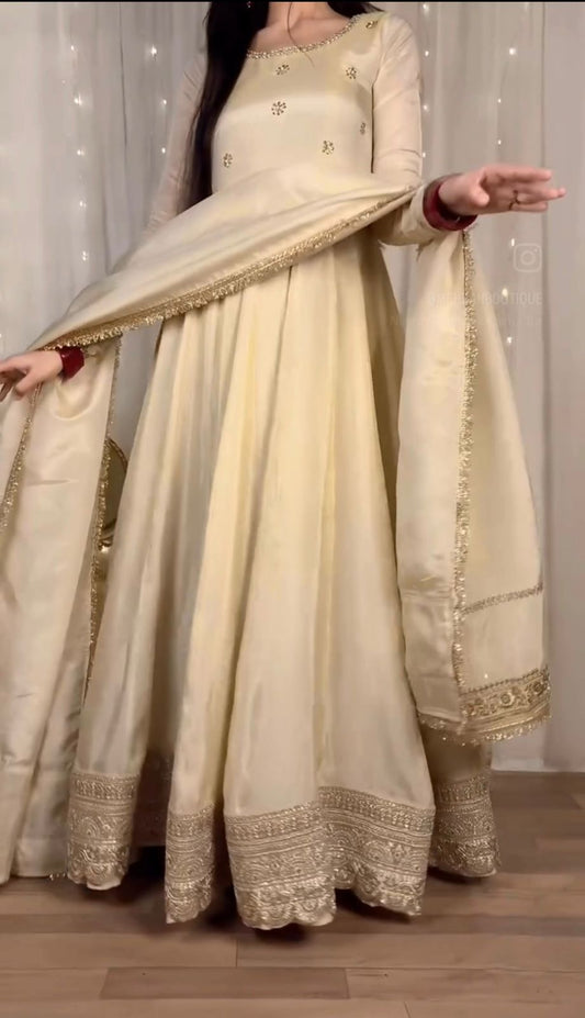 OFF-WHITE CHINON SILK ANARKALI GOWN (FULLY STTITCHED)