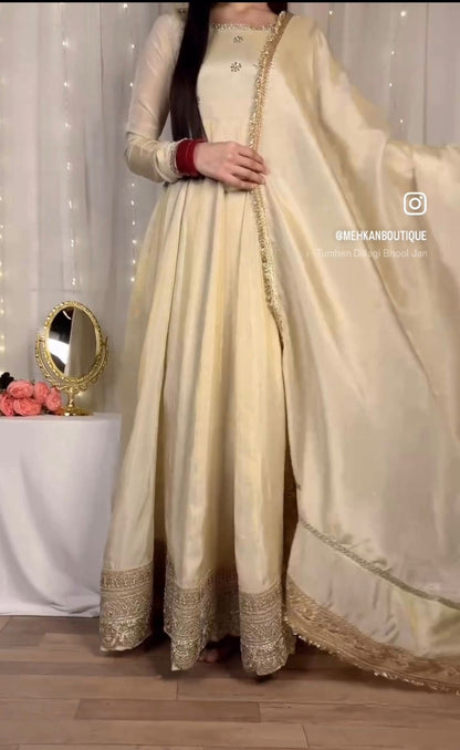 OFF-WHITE CHINON SILK ANARKALI GOWN (FULLY STTITCHED)