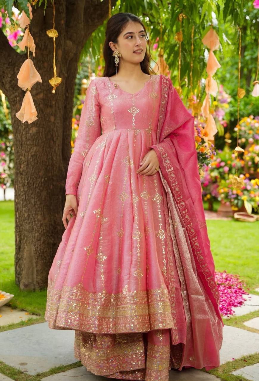 HEAVY CRUNCHY SILK ANARKALI  DRESS FOR WOMEN FULLY FLARED EMBROIDERY GOWN WITH DUPATTA