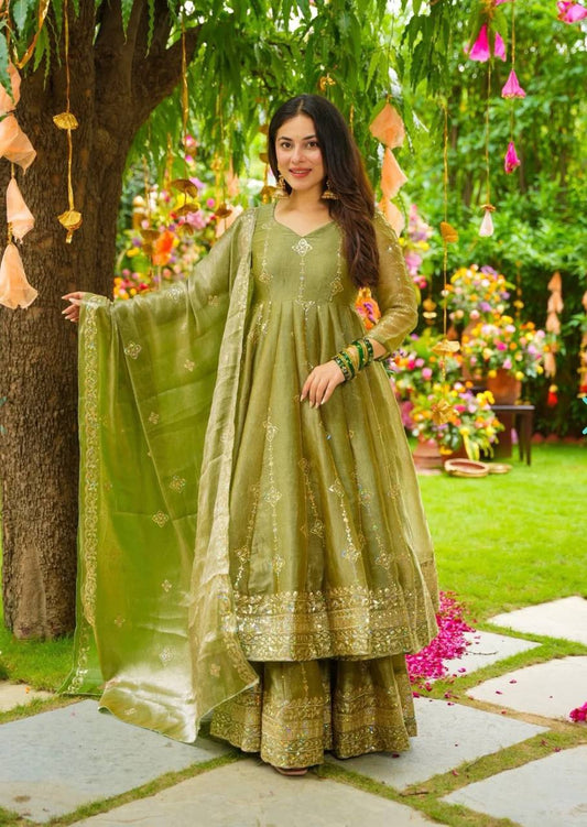 HEAVY CRUNCHY SILK ANARKALI  DRESS FOR WOMEN FULLY FLARED EMBROIDERY GOWN WITH DUPATTA