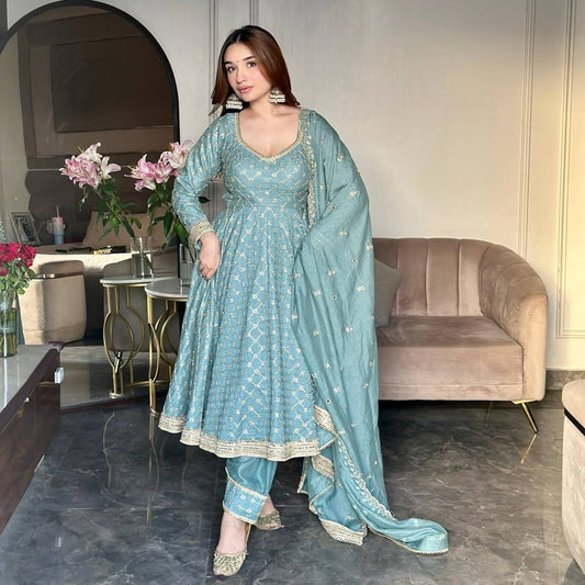 WOMEN'S ETHNIC WEAR HEAVY GEORGETTE EMBROIDERY SEQUENCE WORK GOWN WITH PANT & DUPATTA