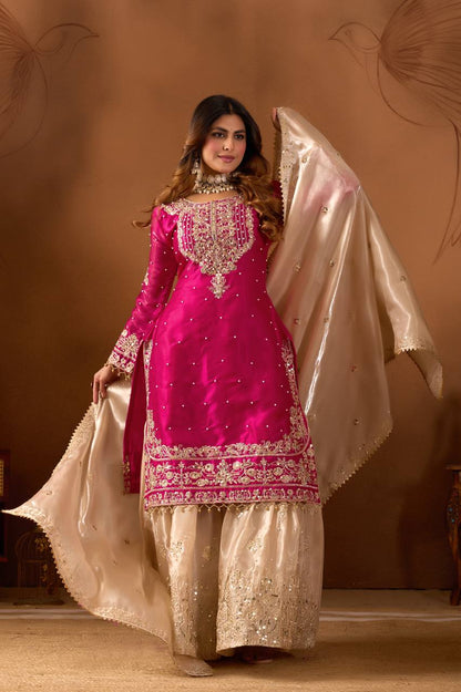 RANI PINK- PREMIUM SILK EMBROIDERY TOP-PLAZZO-DUPATTA SET (FULLY STTITCHED)
