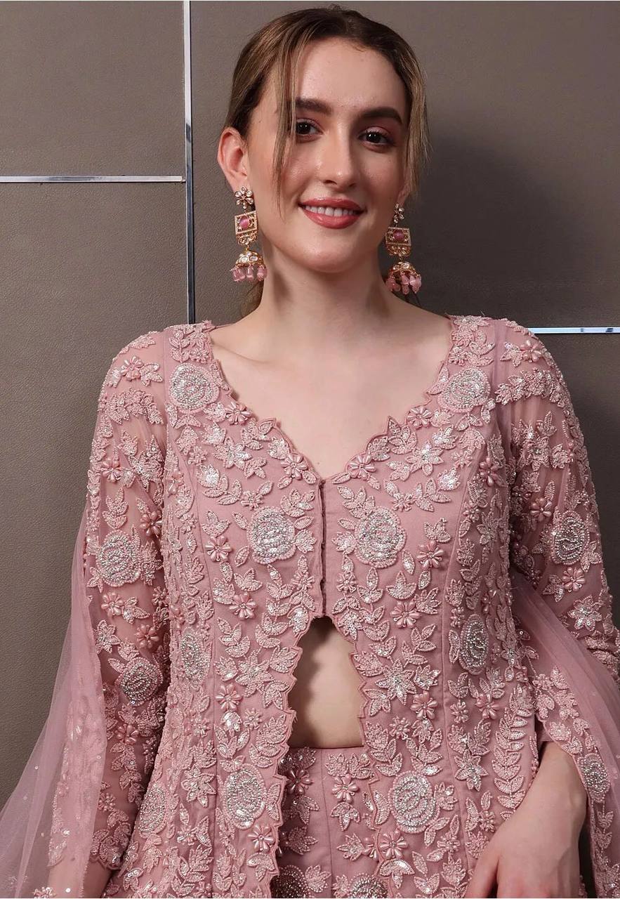 PINK - FAUX GEORGETTE TOP , PLAZZO & DUPATTA WITH RIVER MOTI WORK (FULLY STTITCHED)