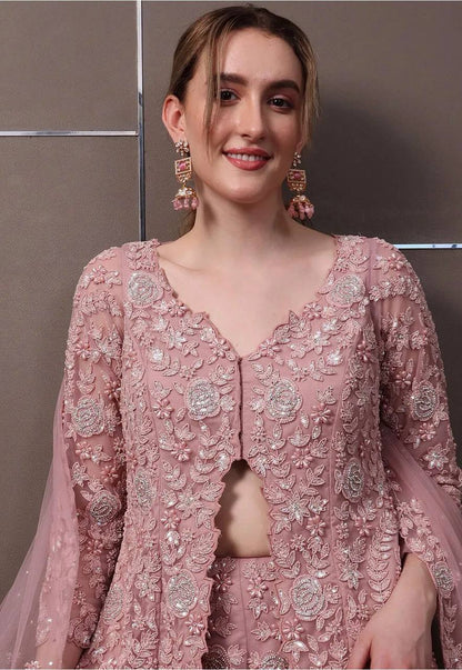 PINK - FAUX GEORGETTE TOP , PLAZZO & DUPATTA WITH RIVER MOTI WORK (FULLY STTITCHED)