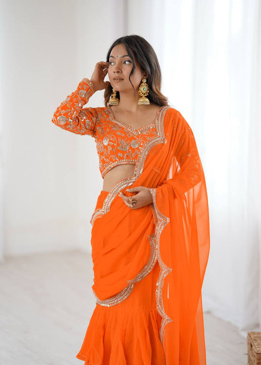 ORANGY READY TO WEAR LEHENGA SAREE (Fully Stitched)