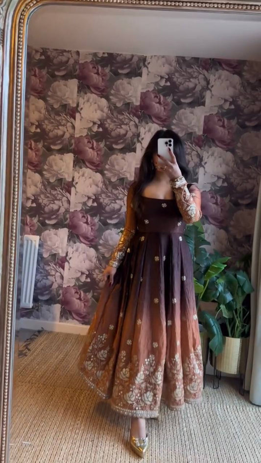 DUAL SHADE BROWN CHINON SILK SEQUENCE WORK ANARKALI SUIT