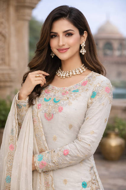 JMC SILK DESIGNER TOP-SHARARA-DUPATTA SET WITH SEQUENCE & RIVET MOTI WORK