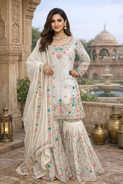 JMC SILK DESIGNER TOP-SHARARA-DUPATTA SET WITH SEQUENCE & RIVET MOTI WORK