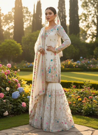 JMC SILK DESIGNER TOP-SHARARA-DUPATTA SET WITH SEQUENCE & RIVET MOTI WORK