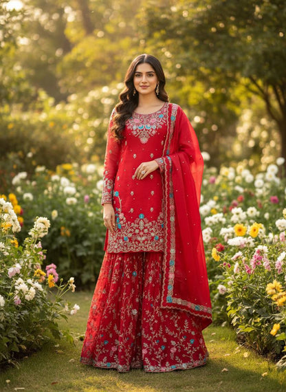 JMC SILK DESIGNER TOP-SHARARA-DUPATTA SET WITH SEQUENCE & RIVET MOTI WORK