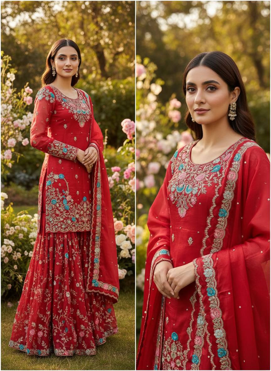 JMC SILK DESIGNER TOP-SHARARA-DUPATTA SET WITH SEQUENCE & RIVET MOTI WORK