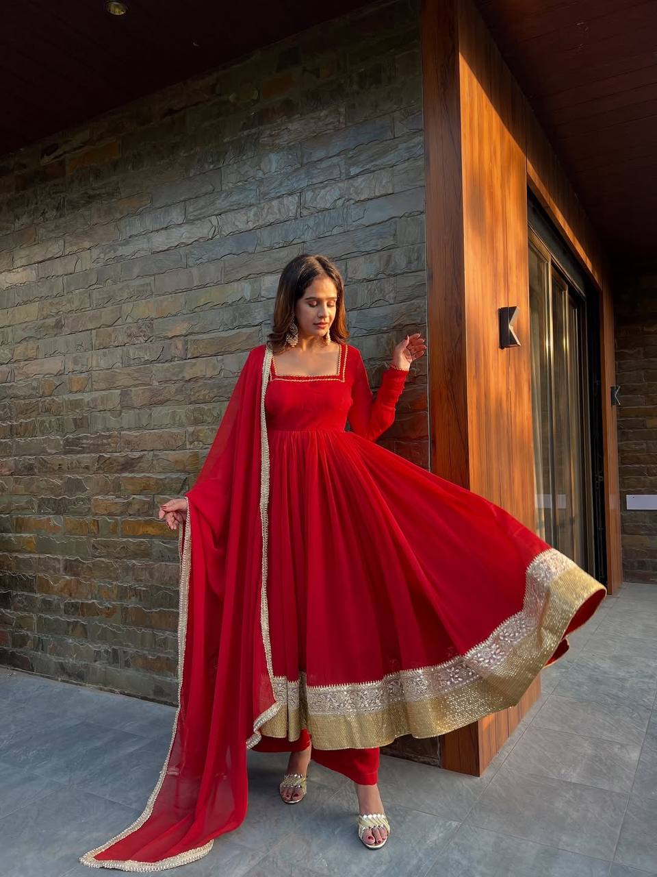 RED BLOOMING ANARKALI GOWN SET
