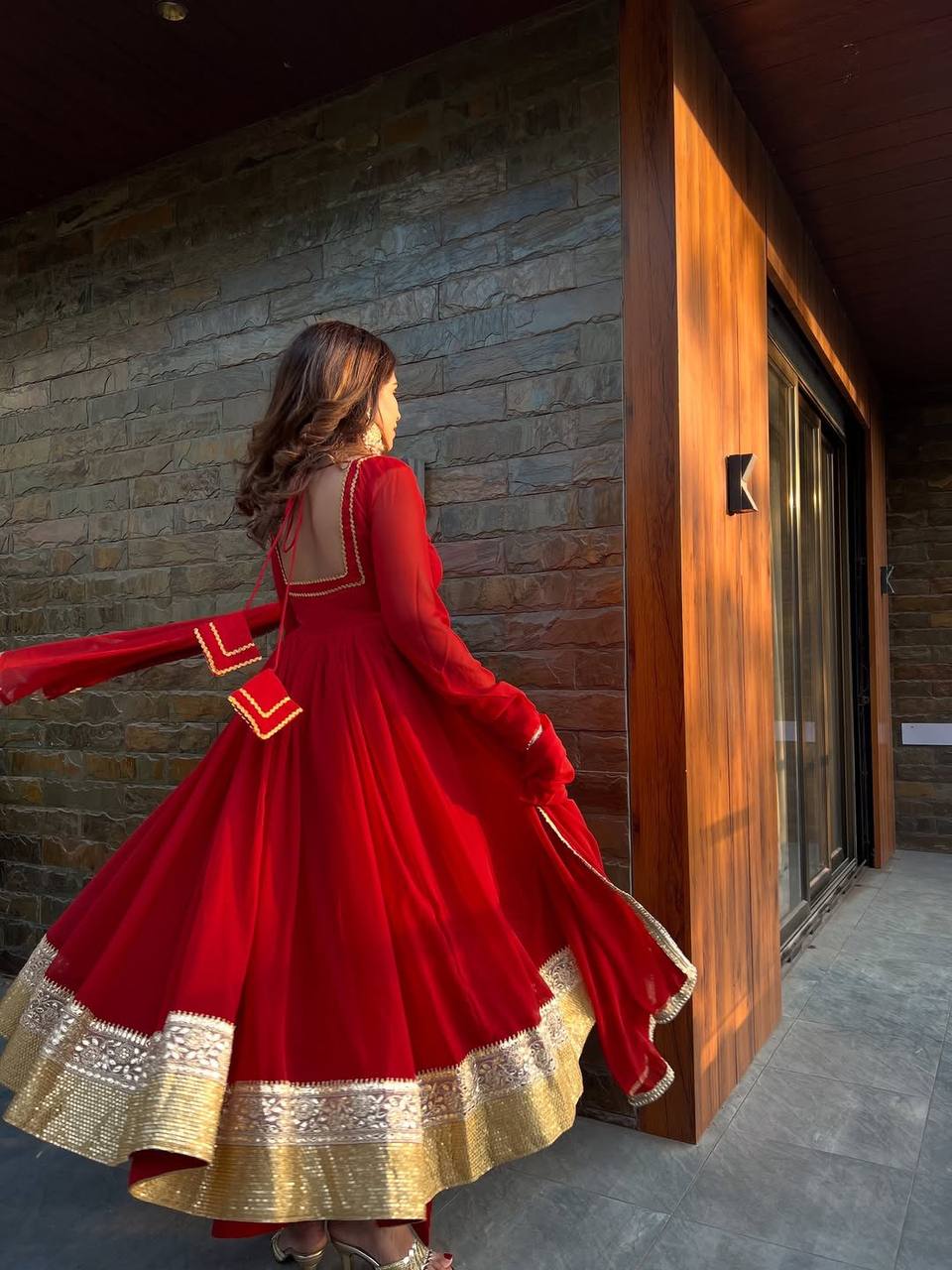 RED BLOOMING ANARKALI GOWN SET