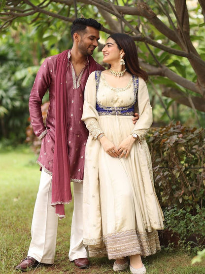 OFF WHITE CHINON SILK THREAD EMBROIDERY ANARKALI GOWN (FULLY STTITCHED)