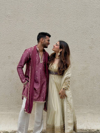 OFF WHITE CHINON SILK THREAD EMBROIDERY ANARKALI GOWN (FULLY STTITCHED)