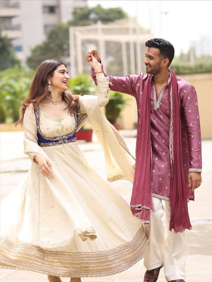 OFF WHITE CHINON SILK THREAD EMBROIDERY ANARKALI GOWN (FULLY STTITCHED)