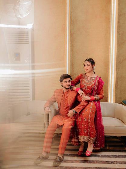 ORANGE PARTY WEAR GEORGETTE PLAZZO SUIT SET WITH  SEQUINS ZARI PEARL WORK (FULLY STTITCHED)