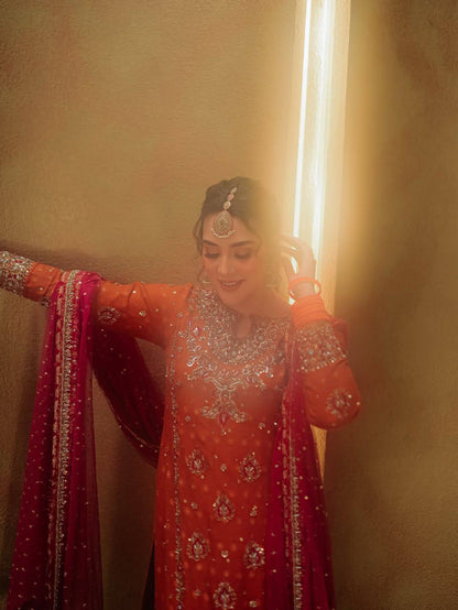 ORANGE PARTY WEAR GEORGETTE PLAZZO SUIT SET WITH  SEQUINS ZARI PEARL WORK (FULLY STTITCHED)