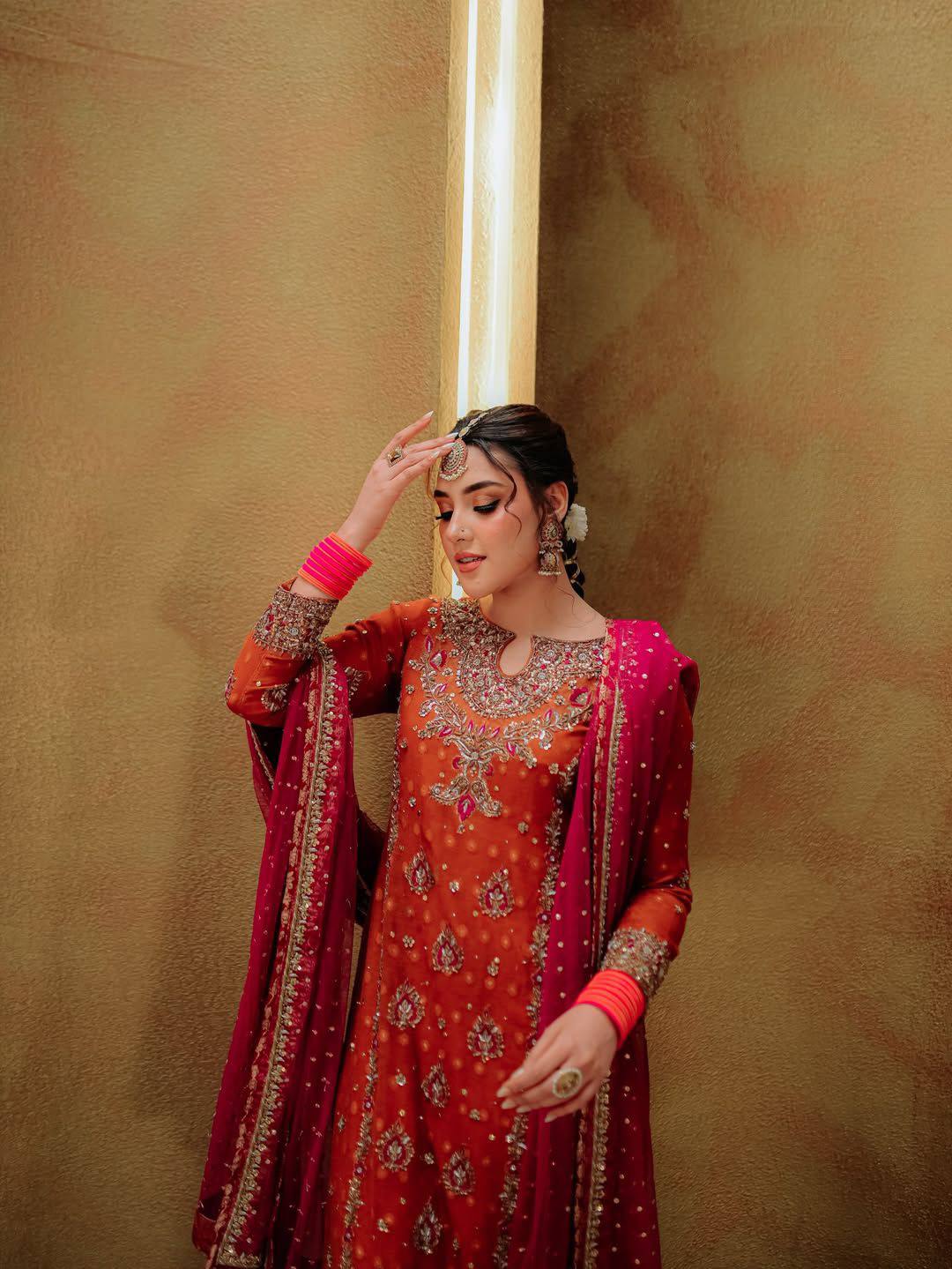 ORANGE PARTY WEAR GEORGETTE PLAZZO SUIT SET WITH  SEQUINS ZARI PEARL WORK (FULLY STTITCHED)