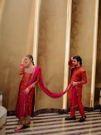 ORANGE PARTY WEAR GEORGETTE PLAZZO SUIT SET WITH  SEQUINS ZARI PEARL WORK (FULLY STTITCHED)