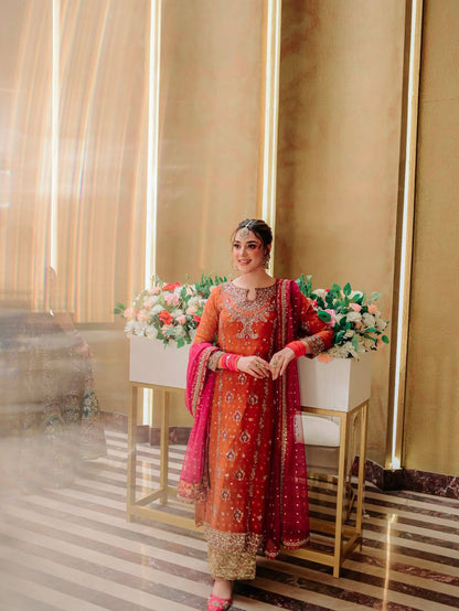 ORANGE PARTY WEAR GEORGETTE PLAZZO SUIT SET WITH  SEQUINS ZARI PEARL WORK (FULLY STTITCHED)