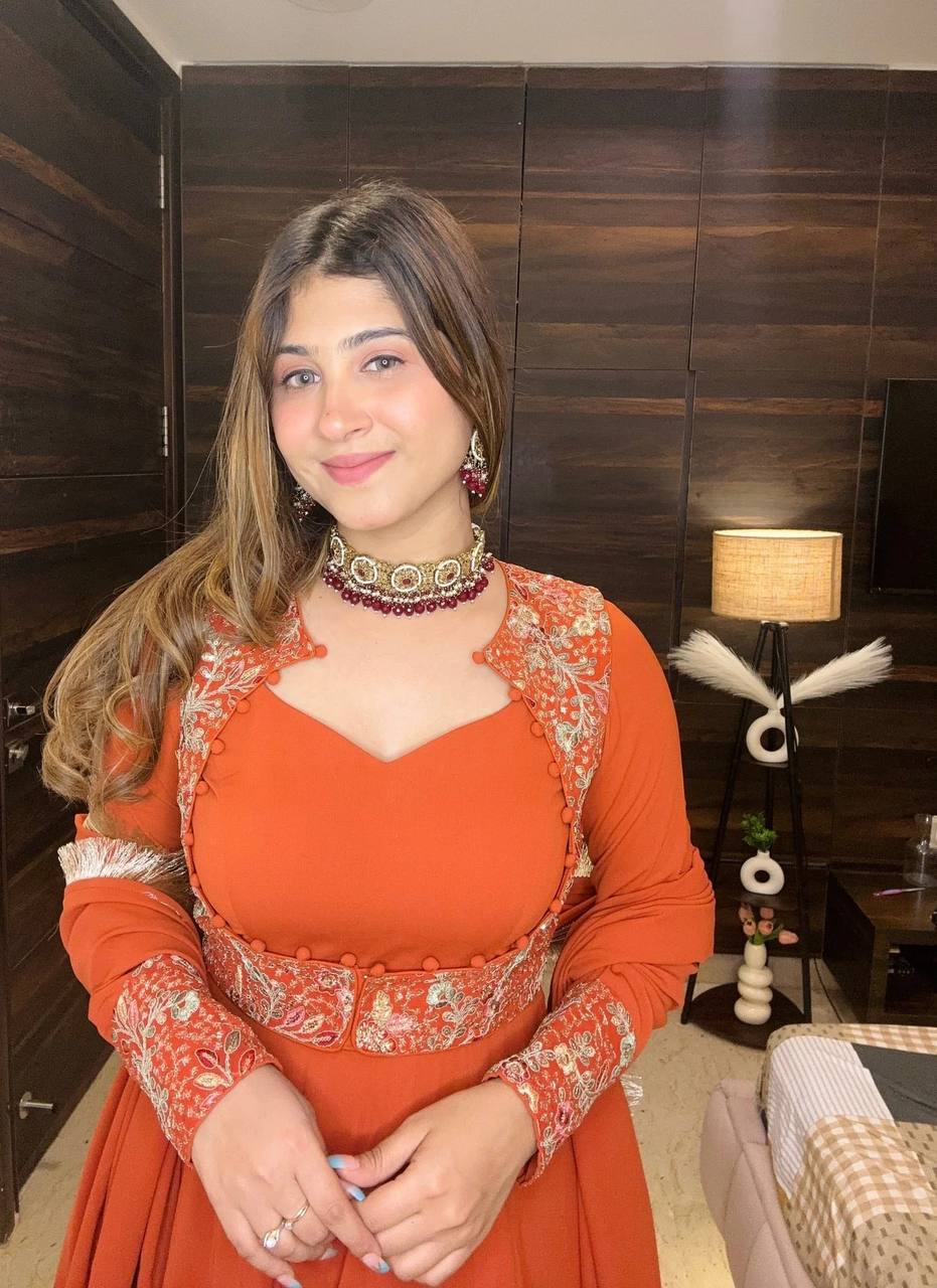 ORANGE FAUX GEORGETTE ANARKALI GOWN WITH MULTI NEEDLE & EMBROIDERY WORK