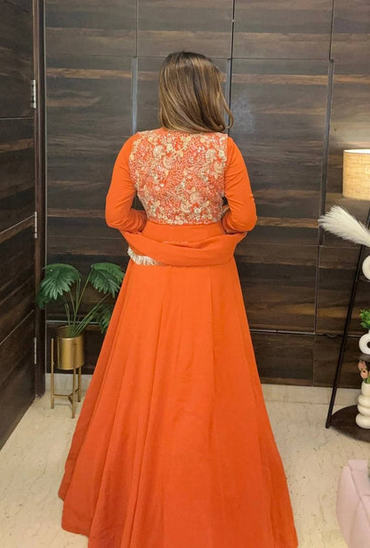 ORANGE FAUX GEORGETTE ANARKALI GOWN WITH MULTI NEEDLE & EMBROIDERY WORK