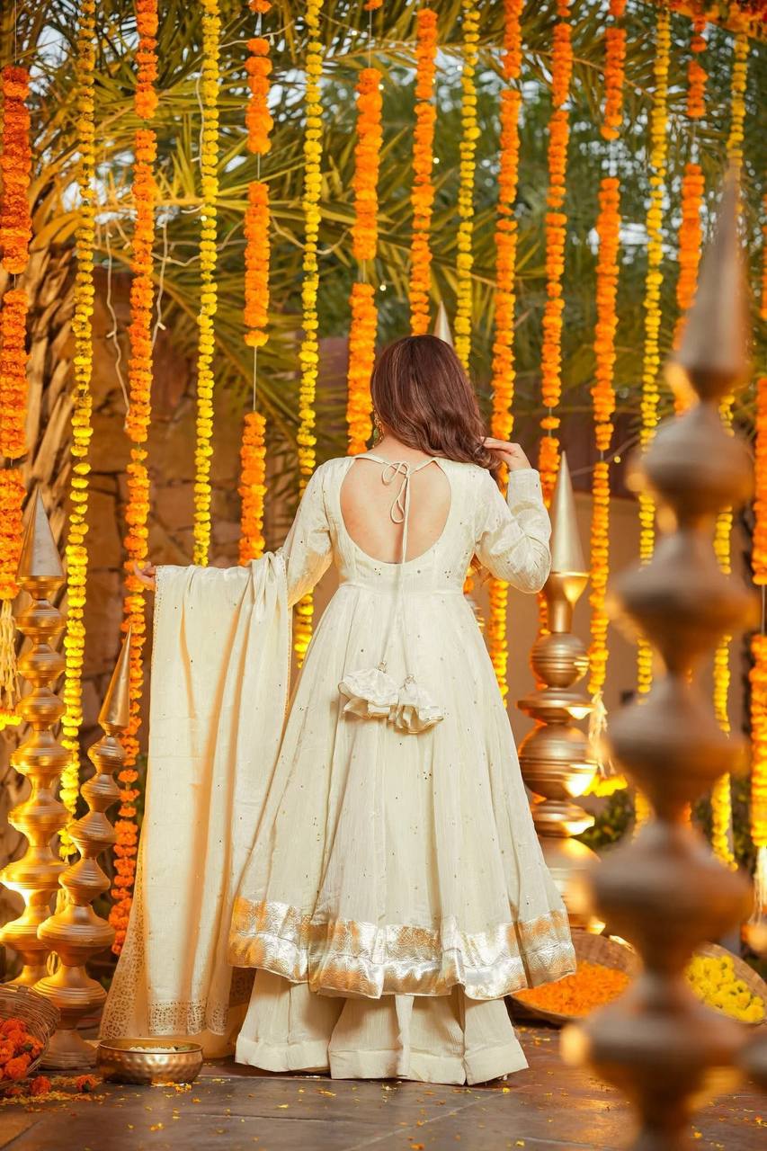 HEAVY CHINON SILK GOWN-PLAZZO-DUPATTA SET (FULLY STTITCHED)
