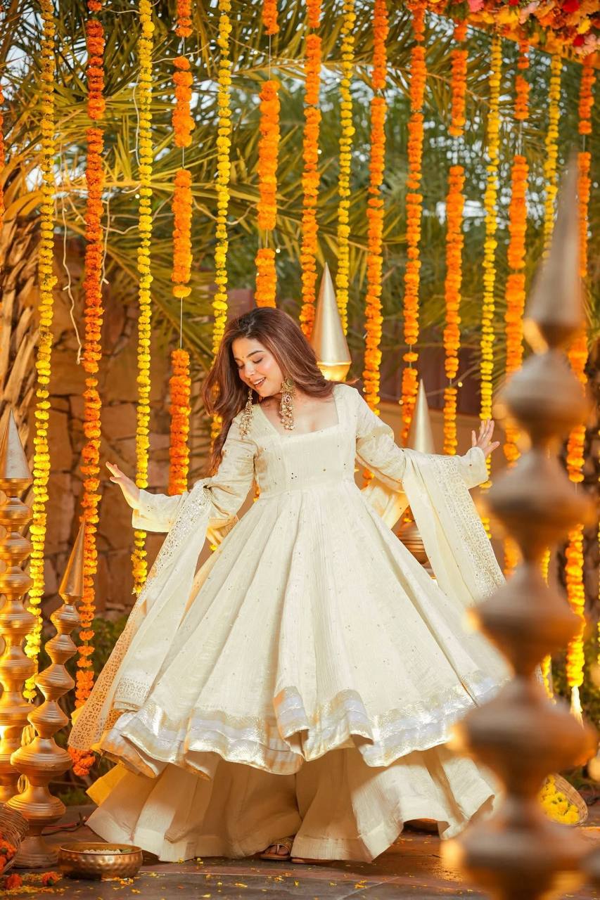 HEAVY CHINON SILK GOWN-PLAZZO-DUPATTA SET (FULLY STTITCHED)
