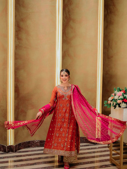 ORANGE PARTY WEAR GEORGETTE PLAZZO SUIT SET WITH  SEQUINS ZARI PEARL WORK (FULLY STTITCHED)