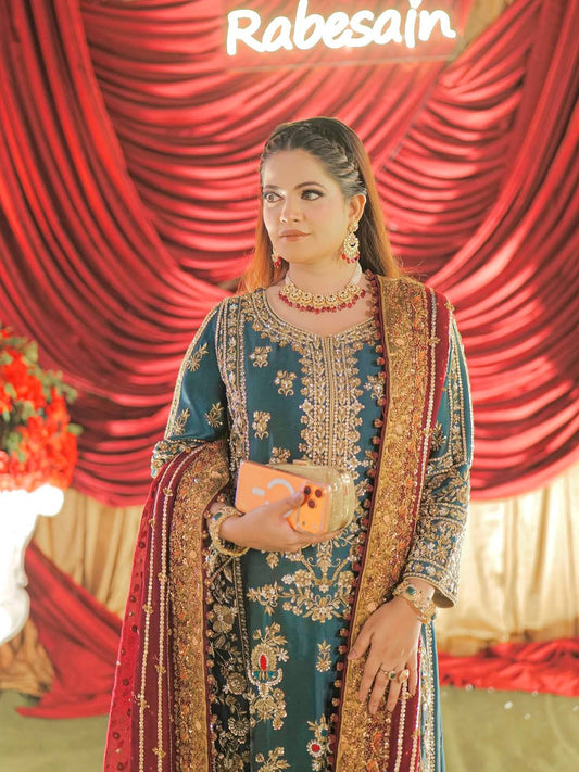 TEAL GREEN CHINON SILK PLAZZO SUIT WITH DUPATTA (FULLY STTITCHED)