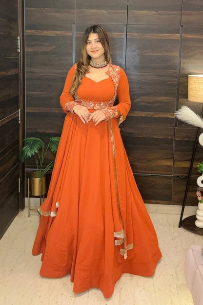 ORANGE FAUX GEORGETTE ANARKALI GOWN WITH MULTI NEEDLE & EMBROIDERY WORK