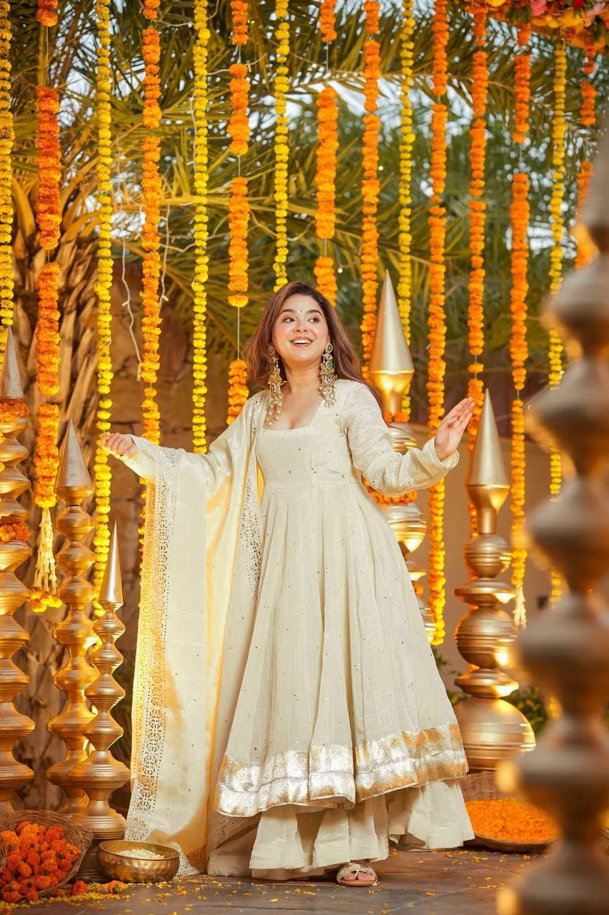HEAVY CHINON SILK GOWN-PLAZZO-DUPATTA SET (FULLY STTITCHED)