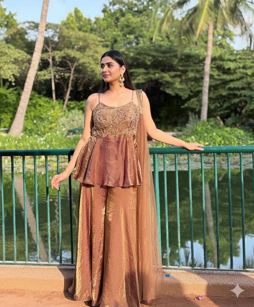 ELEGANT GOLDEN SHARARA KURTA SET WITH DUPATTA (FULLY STTITCHED)