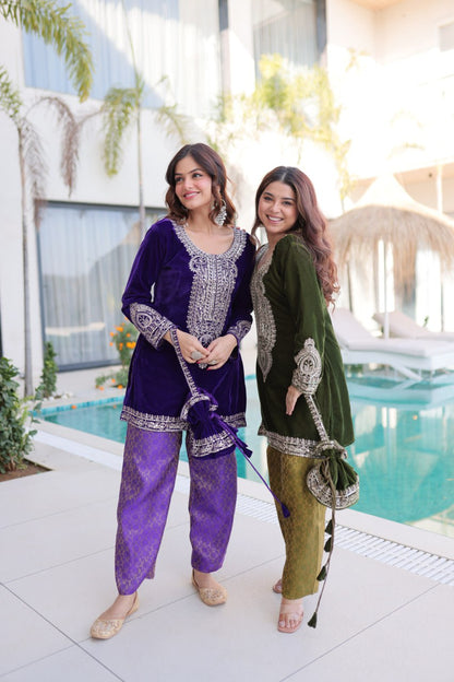 VELVET RICH EMBROIDERED TOP PANT WITH BATWA (FULLY STTITCHED)