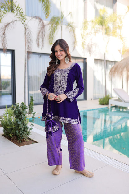 VELVET RICH EMBROIDERED TOP PANT WITH BATWA (FULLY STTITCHED)