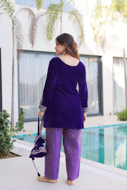 VELVET RICH EMBROIDERED TOP PANT WITH BATWA (FULLY STTITCHED)