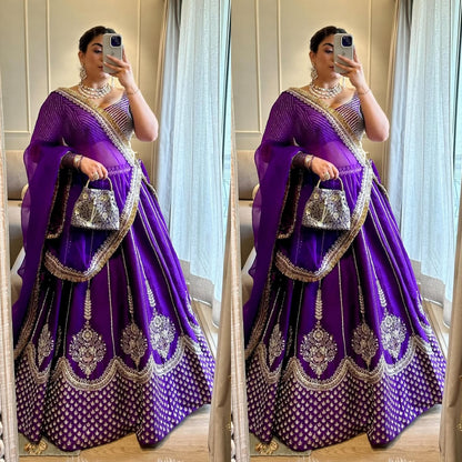 WOMEN'S PURPLE CHINON SILK EMBROIDERY SEQUENCE WORK LEHENGA CHOLI