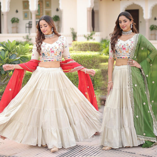 OFF WHITE EMBROIDERED SILK LEHENGA CHOLI (FULLY STTITCHED