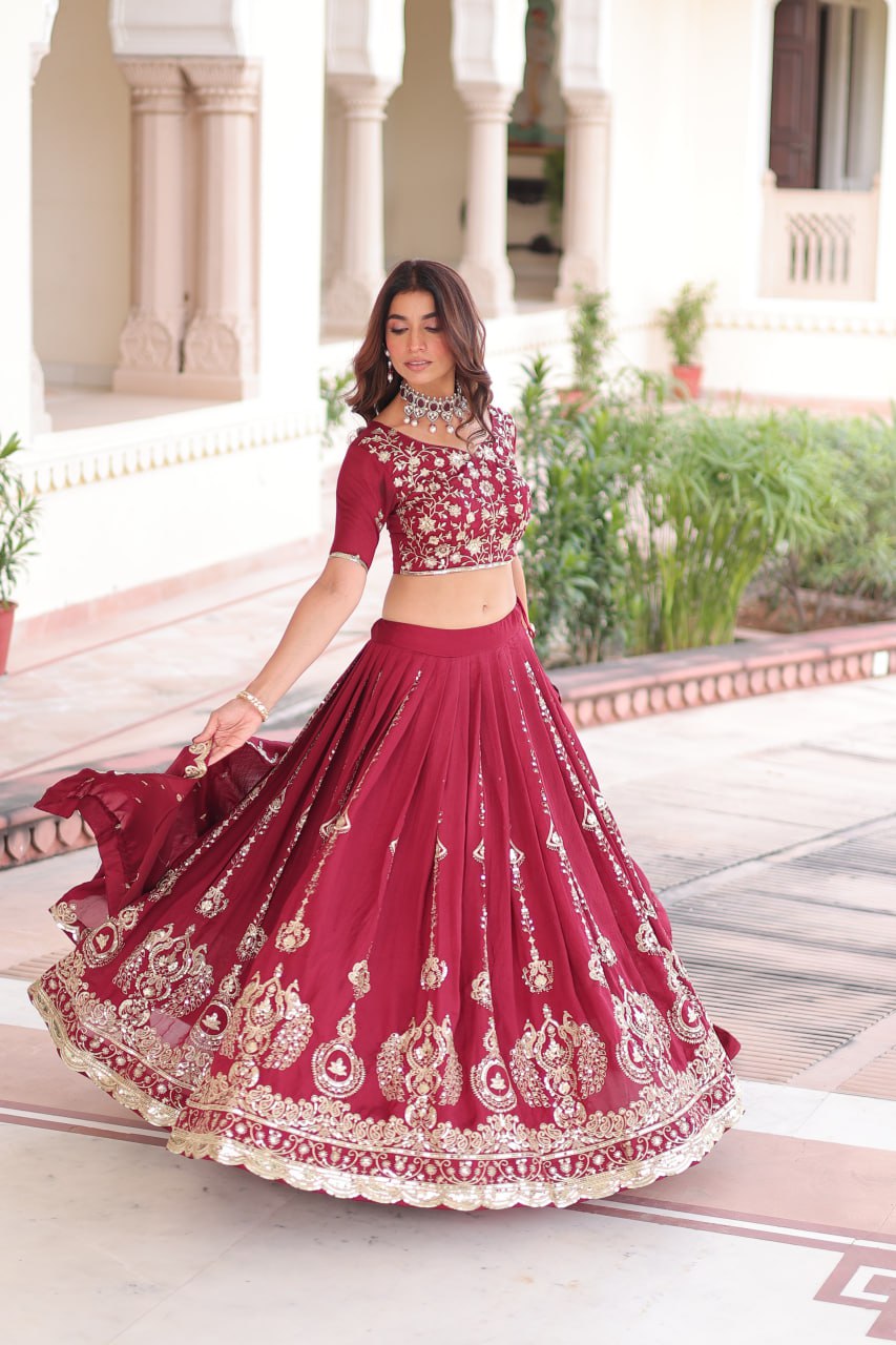 MAROON ELEGANT VICHITRA SILK FULL-STTITCHED LEHENGA SET