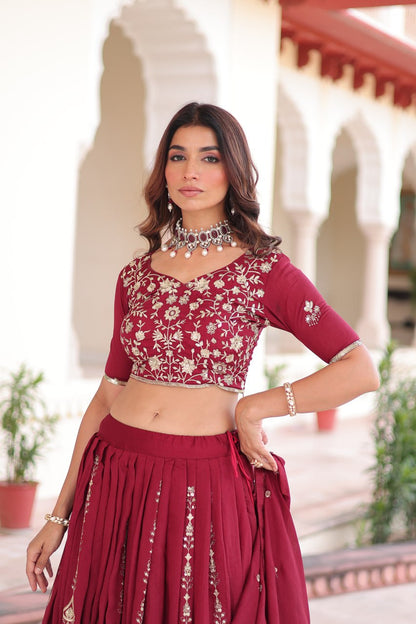 MAROON ELEGANT VICHITRA SILK FULL-STTITCHED LEHENGA SET