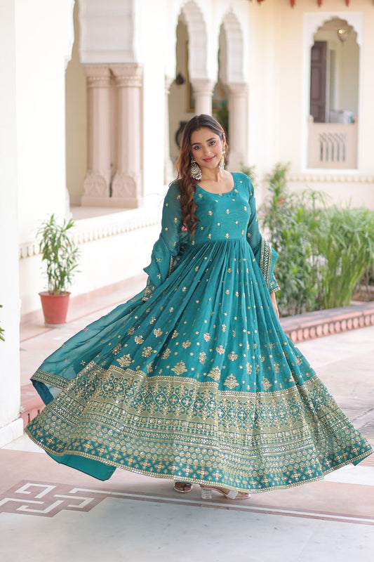 SKY BLUE ANARKALI IN SILVER CRUNCHY WITH SEQUENCE EMBROIDERY WORK & DUPATTA