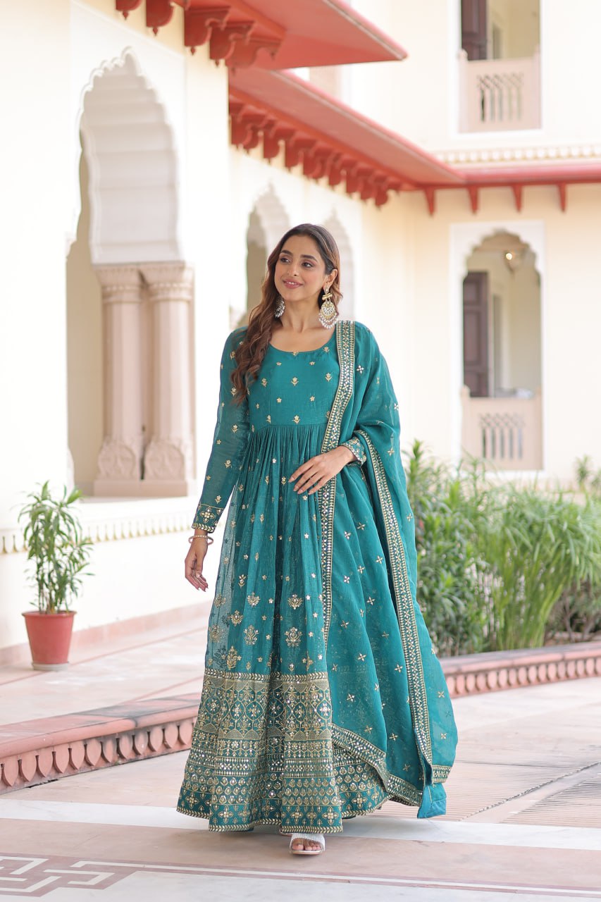 SKY BLUE ANARKALI IN SILVER CRUNCHY WITH SEQUENCE EMBROIDERY WORK & DUPATTA