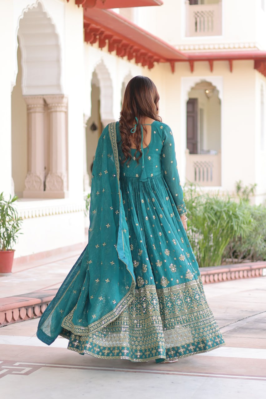 SKY BLUE ANARKALI IN SILVER CRUNCHY WITH SEQUENCE EMBROIDERY WORK & DUPATTA
