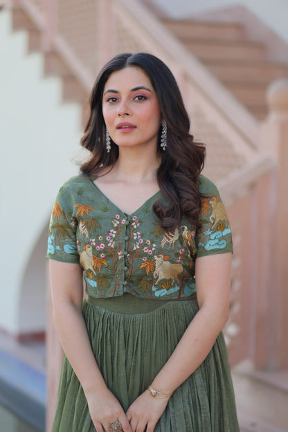 SILVER CRUNCHY FABRIC GOWN WITH EMBROIDERED KOTI (FULLY STTITCHED)