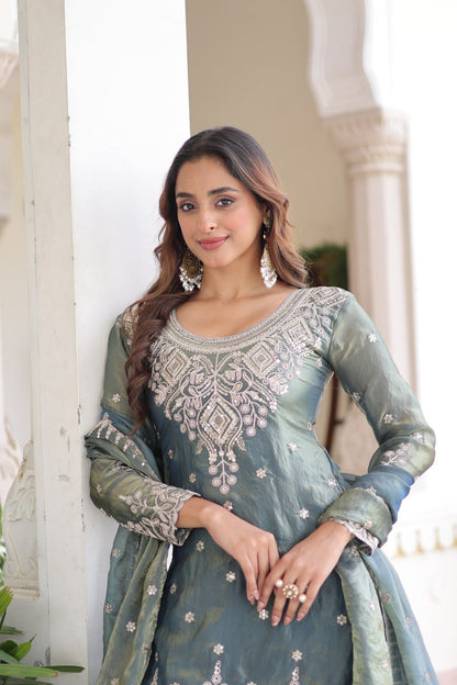 GREENISH GREY FENDY SILK EBROIDERED FULLY STTITCHED PLAZZO SET