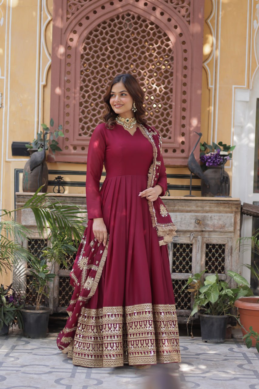 BLACK & MAROON ANARKALI GOWN WITH DUPATTA (FULLY STTITCHED)
