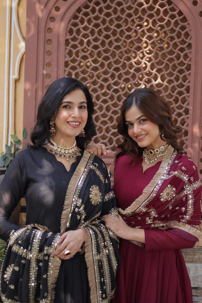 BLACK & MAROON ANARKALI GOWN WITH DUPATTA (FULLY STTITCHED)