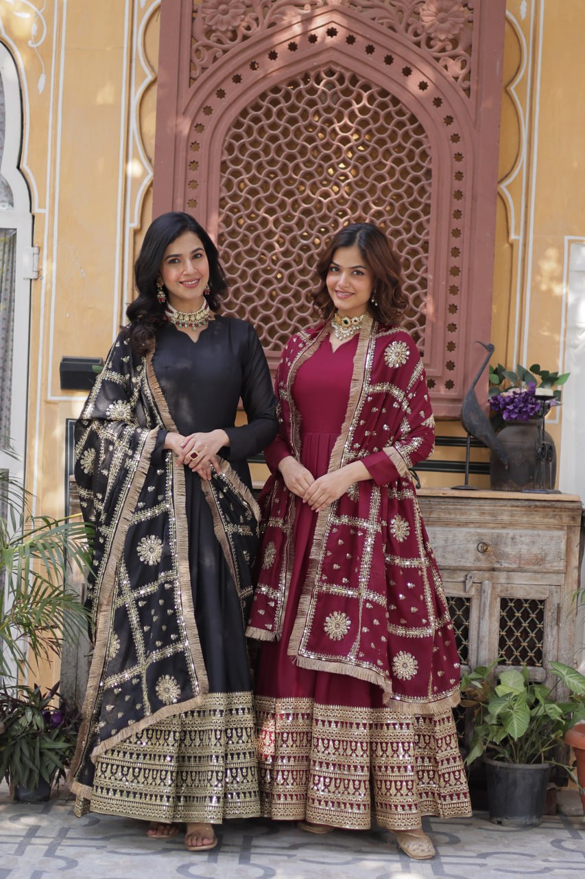 BLACK & MAROON ANARKALI GOWN WITH DUPATTA (FULLY STTITCHED)